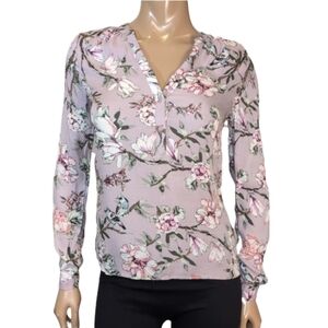 Reitmans Floral Bird Print Henley Blouse Womens Size XXS Lavender Spring Top